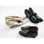 THREE PAIRS OF VINTAGE SHOES DEMONSTRATING THE USE OF THE BUCKLE:- A satin pair, a velvet & fabric
