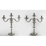 A PAIR OF LATE 20TH CENTURY CAST THREE-LIGHT CANDELABRA in the style of a pair from the 1740's