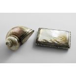 A LATE 18TH CENTURY SILVER-MOUNTED NATURAL SHELL SNUFF BOX with engraved cartouche & initials on the