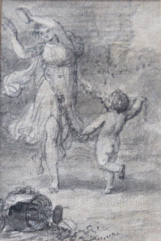 GIOVANNI BATTISTA CIPRIANI, RA (1727-1785) A CLASSICAL MAIDEN DANCING WITH A PUTTO Grey wash and