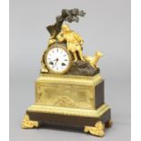 FRENCH GILT METAL MANTEL CLOCK, the 3" enamelled dial on a brass eight day movement half hourly