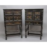 PAIR OF EBONISED OAK CABINETS, in the 17th century style, one with three drawers, the other with