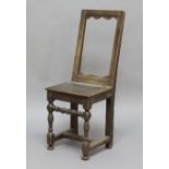 OAK OPEN BACK STOOL, essentially late 17th century, with solid seat, block and turned legs and H
