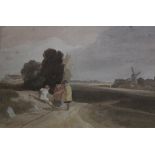 DAVID COX (1783-1859) FIGURES ON A COUNTRY ROAD Watercolour and pencil 18 x 26.5cm.; with a brown