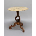 VICTORIAN WALNUT TILT TOP TABLE, the burr top with pie crust edge, on outswept scrolling column