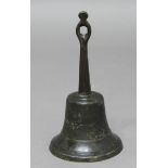 BRONZE HAND BELL, probably 17th or 18th century, with an iron handle and clapper, height 26cm
