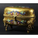 FRENCH GILT BRONZE CASKET, mid 19th century, of oval form enamelled with flowering foliage on a gilt