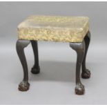GEORGE I STYLE MAHOGANY STOOL, probably 19th century, with cabriole legs on claw on ball feet,