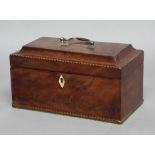 GEORGE III MAHOGANY AND INLAID TEA CADDY, the sarcophagus top with boxwood and ebony stringing