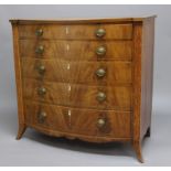 SHERATON STYLE MAHOGANY AND LINE INLAID BOW FRONTED CHEST, the five, graduated long drawers