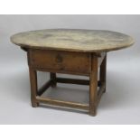 OAK, OVAL CENTRE TABLE, essentially 17th century, the planked top above single drawer base, canted