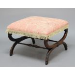 WILLIAM IV ROSEWOOD X FRAME STOOL, the upholstered, rectangular seat above legs with eagle head feet