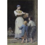 EUGENE JACQUES FEYEN (1815-1908) PEASANT WOMAN WITH THREE CHILDREN Oil on card 19.5 x 13cm.