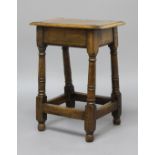 CAROLEAN STYLE OAK JOINT STOOL, probably 19th century, the rectangular seat on splayed, turned
