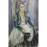•MARTHE LEBASQUE (1897-1977) PORTRAIT OF A LADY WITH A BLACK FAN Signed, also signed verso, oil on