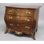 19TH CENTURY BOMBE WALNUT COMMODE, of serpentine form, the shaped rectangular top above three