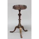 GEORGE III MAHOGANY WINE TABLE, the galleried, octagonal top on a turned and wrythen carved column