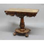 VICTORIAN ROSEWOOD CARD TABLE, the revolving top with carved frieze and tulip carved column on a