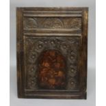 OAK CARVED AND INLAID PANEL, probably 17th century, a central panel inlaid with a vase of flowers