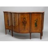 REGENCY STYLE SATINWOOD AND ROSEWOOD CROSSBANDED BOW FRONTED CABINET, the top painted with four