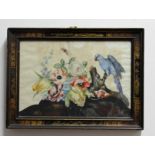 MANNER OF SAMUEL DIXON; a pair of watercolour studies of parrots and flowers in chinoiserie