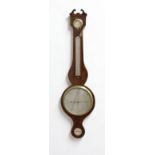 MAHOGANY AND LINE INLAID WHEEL BAROMETER, with hygrometer, arched thermometer, 8" main dial and
