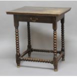 OAK SIDE TABLE, 18th century, the rectangular top above single drawer on bobbin turned legs and