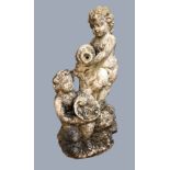RECONSTITUTED MARBLE WATER FEATURE, of two putti pouring from a jug into a shell, height 79cm