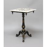 VICTORIAN AESTHETIC MOVEMENT SPECIMEN MARBLE CHESS TABLE, the square top with scrolling foliage