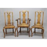 SET OF TEN QUEEN ANNE STYLE WALNUT DINING CHAIRS, 20th century, with waisted splats over leather