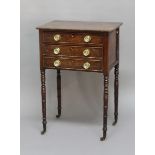 REGENCY MAHOGANY SEWING TABLE, the rounded rectangular top above a fitted drawer and a deeper vacant