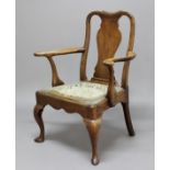 GEORGE II WALNUT OPEN ARMCHAIR, with scrolling arms on cabriole legs, height 100cm, width 78cm,