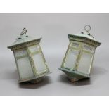 PAIR OF COPPER ARTS AND CRAFTS STYLE LANTERNS, of tapering hexagonal section with frosted glass,