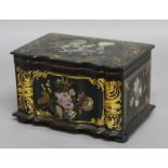 VICTORIAN PAPIER MACHÉ TEA CADDY, inlaid with mother-of-pearl, the interior with twin lidded