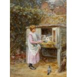 HELEN ALLINGHAM, RWS (1848-1926) PET RABBITS Signed and dated 1880, watercolour 17.5 x 13cm. ++ Good