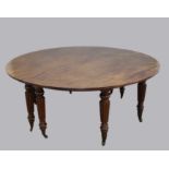 GEORGE III MAHOGANY HUNT, WINE AND DINING TABLE, of two semi-circular sections on tapering reeded