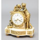 FRENCH WHITE MARBLE AND GILT METAL MOUNTED MANTEL CLOCK, the 4 1/2" enamelled, domed dial on a