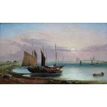 ARTHUR JOSEPH MEADOWS (1843-1907) FISHING BOATS MOORED IN AN ESTUARY OFF CALAIS Signed, oil on