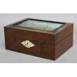 ROSEWOOD WORK BOX, earlier 19th century, the lid with a view of Greenock, perhaps reverse painted on