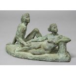 20TH CENTURY SCHOOL, Nude young couple on an oval base, bronzed resin, initialled ?AJ?, limited