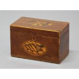 GEORGE III MAHOGANY AND INLAID TEA CADDY, of rectangular form, inlaid with shell motifs, twin