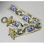 GLASS BEADWORK AND GILT METAL MOUNTED BELL PULL, with scrolling foliate decoration in green and blue