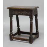 CAROLEAN OAK JOINT STOOL, the rectangular seat above splayed, turned legs and box stretcher,