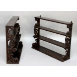 PAIR OF CARVED OAK HANGING WALL SHELVES, later 19th century, the four shelves with scrolling,