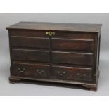 OAK MULE CHEST, 18th century, the hinged top above panelled front and two short drawers, height