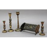 COLLECTION OF FOUR INDIAN LACQUERED CANDLESTICKS, 19th century, Kashmiri, with painted and gilt