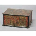 FRENCH SERPENTINE BOULLE STYLE BOX, the brass scrolling inlay on a tortoiseshell ground, the lock