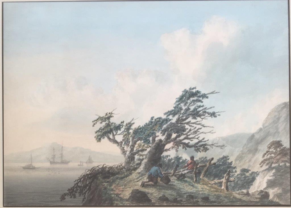 SAMUEL ATKINS (Fl.1787-1808) SMUGGLERS ON THE ROCKS ABOVE DARTMOUTH ESTUARY, SHIPPING ON A CALM
