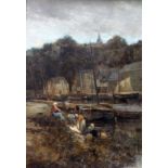 EDWARD AUBREY HUNT (1855-1922) WASHERWOMEN BY A RIVER, NETHERLANDS Signed, oil on canvas 57 x