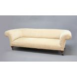 HOWARD AND SON CHESTERFIELD SOFA, with scroll arms, in a modern oatmeal upholstery, serial number